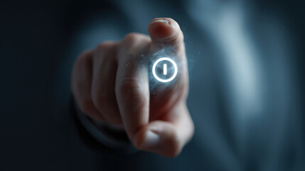 Determined businessman finger pressing glowing power button to start up new business. concept of technology, innovation, and beginning