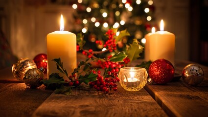 Warm Christmas Decoration Arrangement on Wooden Table with Holly and Antique Baubles