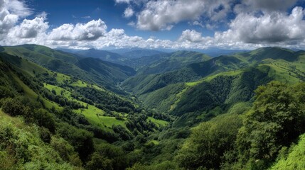 Naklejka premium Lush, rolling green hills and valleys under a dramatic sky