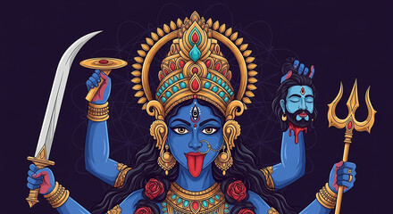 Kali goddess holding sword trident head illustration
