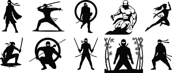 Ninja silhouette illustration, black vector poses, martial arts warriors, stealth action design, Japanese fighter clipart, weapon stance set, combat character icons © Hasem Creative