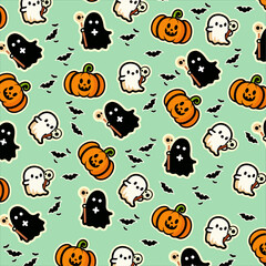 Fototapeta premium Cute Halloween pattern with ghosts, pumpkins, and bats on a teal background