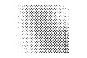 Halftone dot pattern creating an optical illusion with dispersing dark bubbles over a gray transparent background