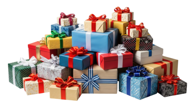 Colorful wrapped presents stacked together with various ribbons and patterns, transparent background, cutout PNG