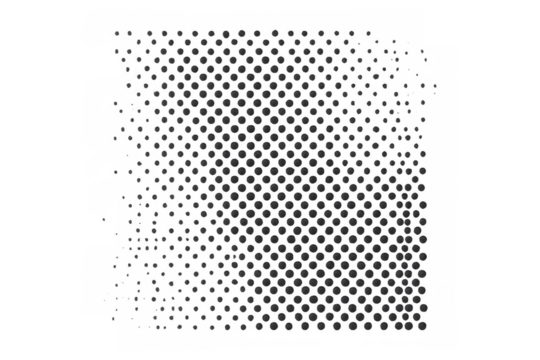 Halftone dot pattern creating an optical illusion with dispersing dark bubbles over a gray transparent background