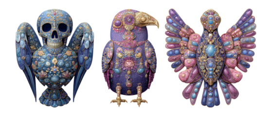 Intricate Decorative Skull and Colorful Birds with Unique Artistic Design
