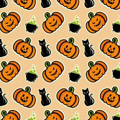 Halloween pattern with pumpkins, black cats, and bubbling cauldron in tan background