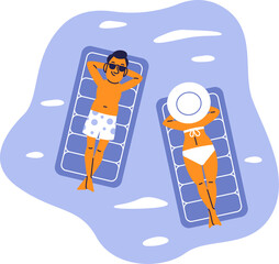 Flat illustration of man and woman sunbathing on air mattresses in swimming pool.
