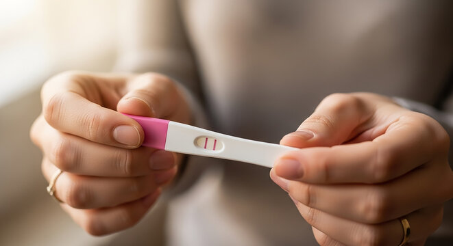 Woman holding positive pregnancy test revealing new life