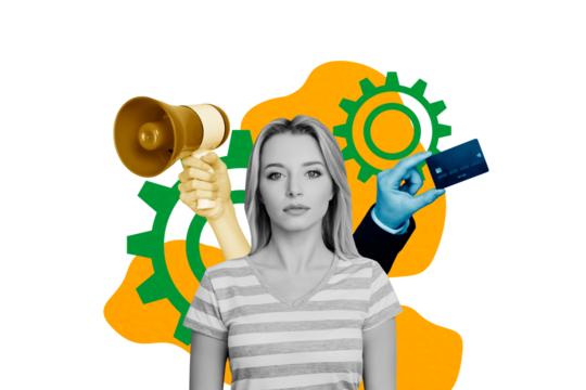 Composite photo collage of serious businesswoman hand hold megaphone device credit card online money profit isolated on painted background