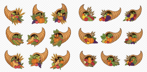 A collection of cornucopia illustrations overflowing with fruits and vegetables.