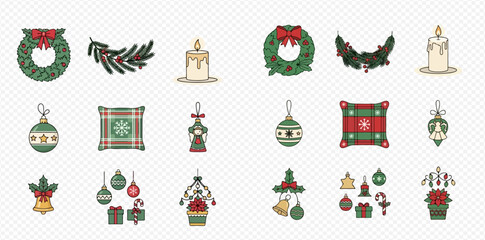 Festive Christmas decorations including wreaths, candles, ornaments, and presents.