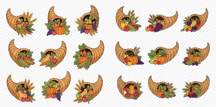 A collection of cornucopia illustrations overflowing with fruits and vegetables.