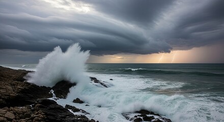 Dramatic ocean waves crash against rocky coastline under a stormy dramatic sky with sunlight breaking through