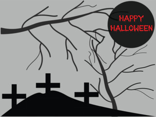 Dark Halloween illustration with haunted graveyard and spooky trees under full moon atmosphere, Creepy Halloween greeting card design with black crosses graveyard and bare spooky trees background