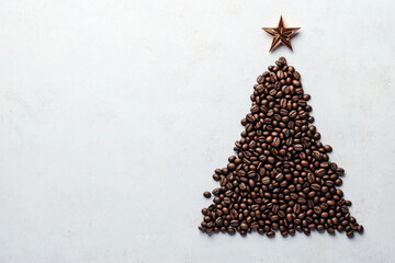 Coffee beans forming festive christmas tree pattern, golden star topping, presenting seasonal caffeine-infused holiday design