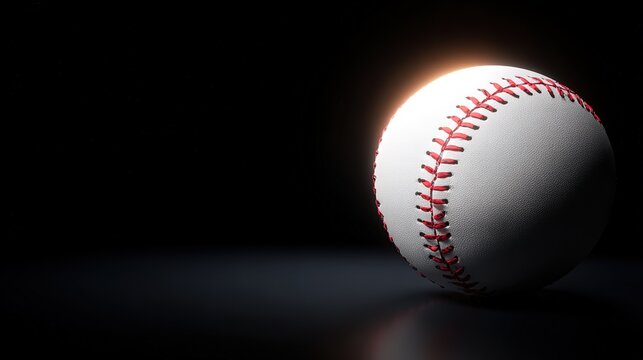 Baseball symbolizing perseverance and precision, glowing in darkness with visible wear, ample copy space for sports branding