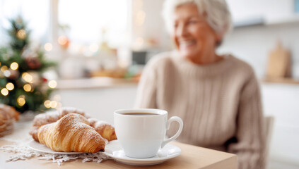 Senior woman smiling and having a relaxing christmas breakfast with coffee and croissants in a cozy decorated home