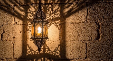 Lit decorative lantern casts intricate shadows on a textured stone wall creating a warm inviting glow