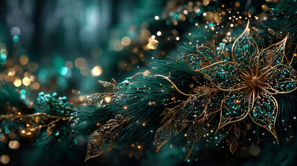 Christmas decoration border with fir branches and golden glitter confetti and sparkles of lights blur bokeh on green background. Bright Christmas and New Year design holiday frame. Vector illustration