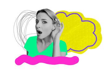 Composite creative art collage of astonished girl hold hand ear rumors gossip listener deaf secret whisper isolated on painted background