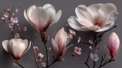 One Line Drawing Vector Magnolia Flowers Print Set