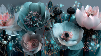 Set of abstract flower posters. Trendy botanical wall arts with floral design in danish pastel colors. Modern naive groovy funky interior decorations, paintings. Vector art illustration.