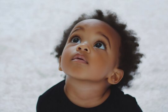 Curious toddler gazing upward with an innocent expression, symbolizing childhood wonder and discovery on a white background