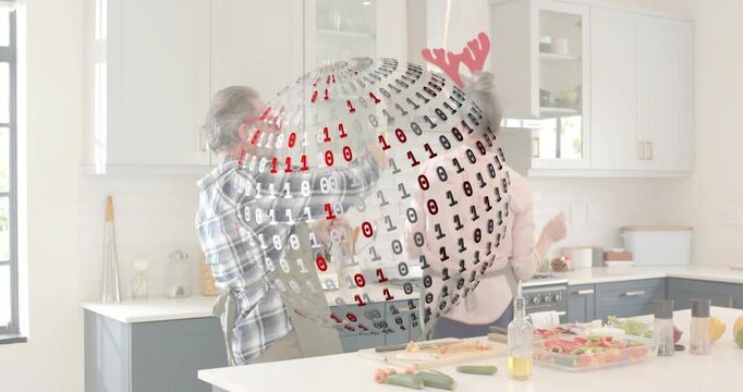Culinary couple trading knives, chopping sparking carrot icons dancing on counter