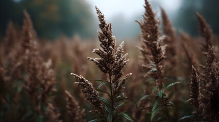 Fototapeta premium Close up of dry brown plant stalks in a misty outdoor field during autumn