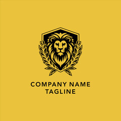 Lion logo design with shield and laurel wreath, perfect for branding with gold background