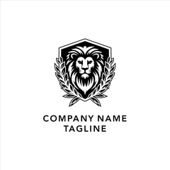 Lion logo design with shield and laurel wreath, perfect for branding