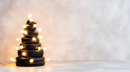 A creative Christmas tree made of black tires, adorned with warm string lights on a light background. Unique design blends eco-friendliness with festive charm. 