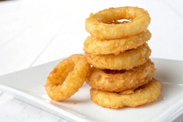 Delicious stack of golden crispy onion rings on a white plate