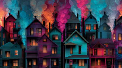 Seamless pattern with colorful houses and smoke. EPS 10. No transparency. No gradients.