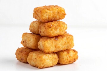 A golden stack of crispy breaded potato nuggets presented on white