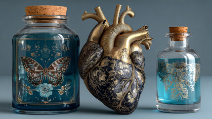 Hand drawn vintage print with a jar and decorated heart. This illustration can be used as a print on T-shirts and bags.