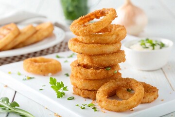 Crispy golden onion rings with fries and dipping sauce presentation