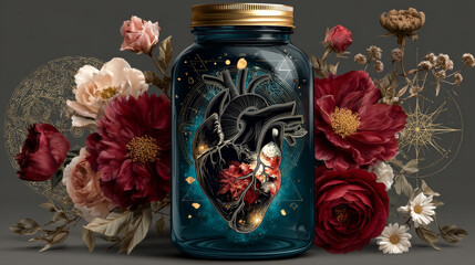 Hand drawn vintage print with a jar and decorated heart. This illustration can be used as a print on T-shirts and bags.