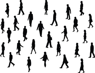 Silhouette of walking people collection, business men and women in motion, urban crowd concept, vector illustration of city pedestrian lifestyle design