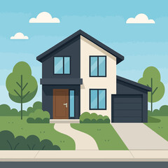 Modern House with Garden and Pathway Flat Vector Illustration