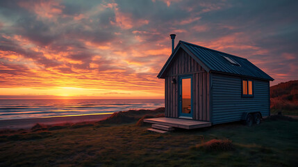 Tiny house by beach at sunset with vibrant sky. Cozy and serene