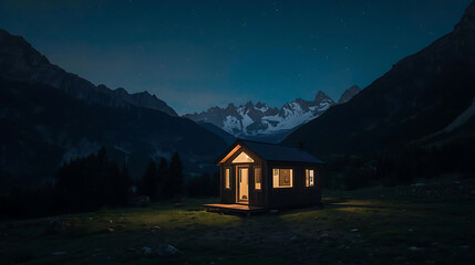 Tiny house illuminated at night in mountain landscape under starry sky