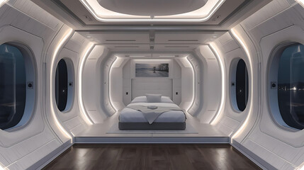 Futuristic bedroom with glowing lights and modern design creates serene atmosphere