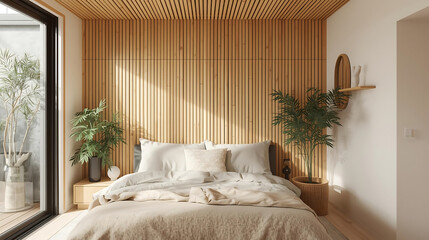 Modern bedroom with bamboo textures and serene tones