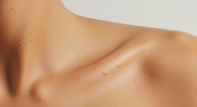 Close up of a shoulder and collarbone with skin imperfections , trending, fashion, lifestyle