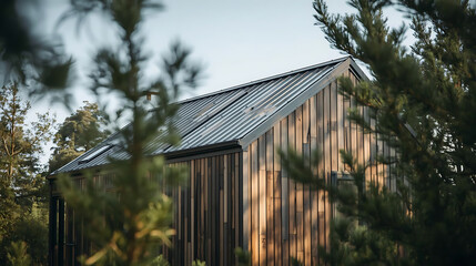 Modern tiny house with metal roof surrounded by trees