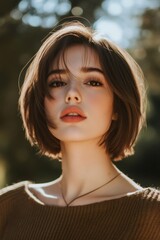 Naklejka premium Young woman standing outdoors in soft sunlight. She has a blunt bob haircut and a direct, confident gaze