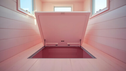 Underfloor storage hatch in pastel tiny house interior