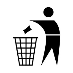 Throw trash in the bin. Throw waste in specially designated places. Keep it clean. Throw packaging in the trash can. Dispose properly. Warning symbol. Marking.